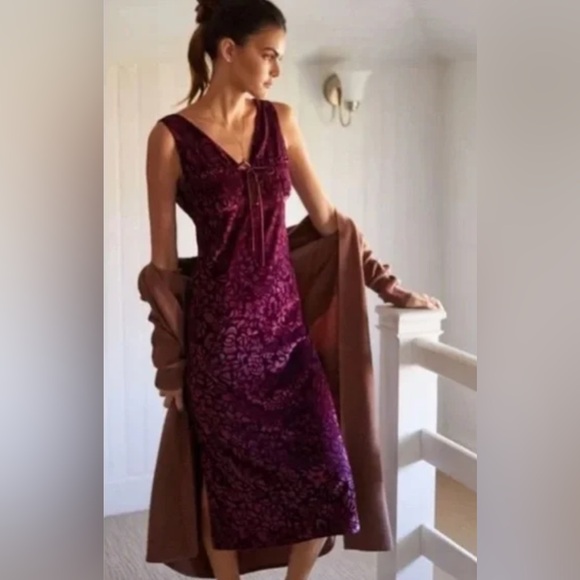 Anthropologie Dresses & Skirts - By Anthropologie Lounge Floral V-Neck Velvet Midi Dress in Plum